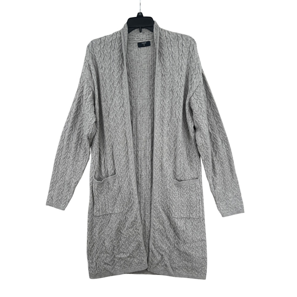 Tahari Coastal Longline Cardigan Size‎ S Grey Cable Knit Open Front Layering